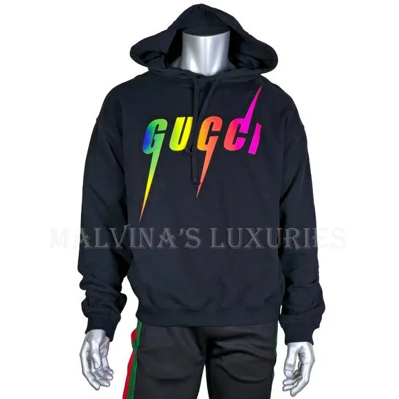 GUCCI MENS SWEATSHIRT BLACK COTTON HOODIE w BLADE LOGO sz L LARGE